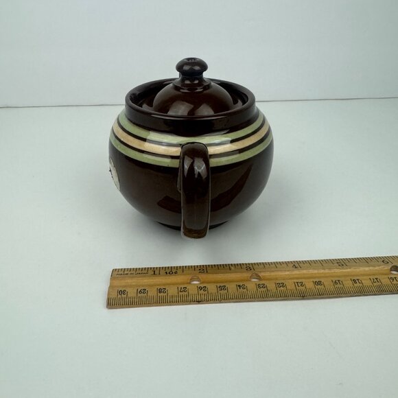 Vtg Single Serve Brown Genuine Old English Redware Teapot w Green Tan Stripes - Picture 10 of 13